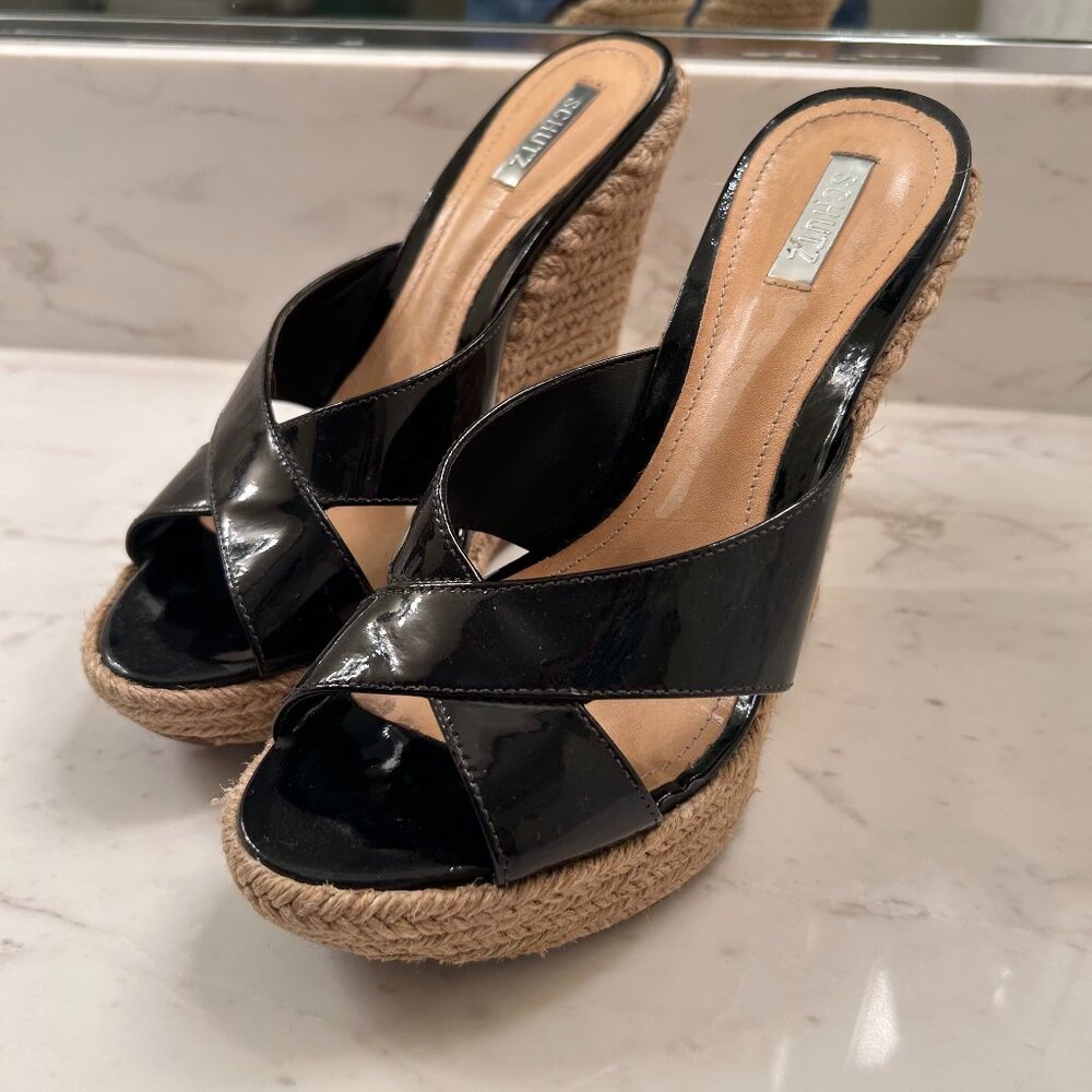 Schutz Black Patent Leather Espadrille Wedge Sandals Size 6 Platform Heel